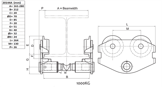 Beam Trolley 1000 kg, 161-280 mm-image-3