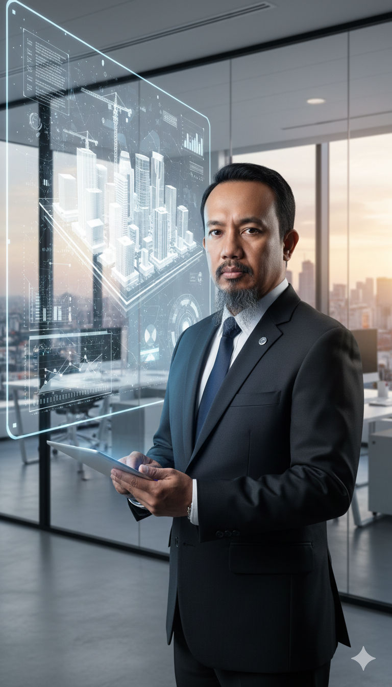 Foto CTO wanita muda profesional dengan latar belakang teknologi digital