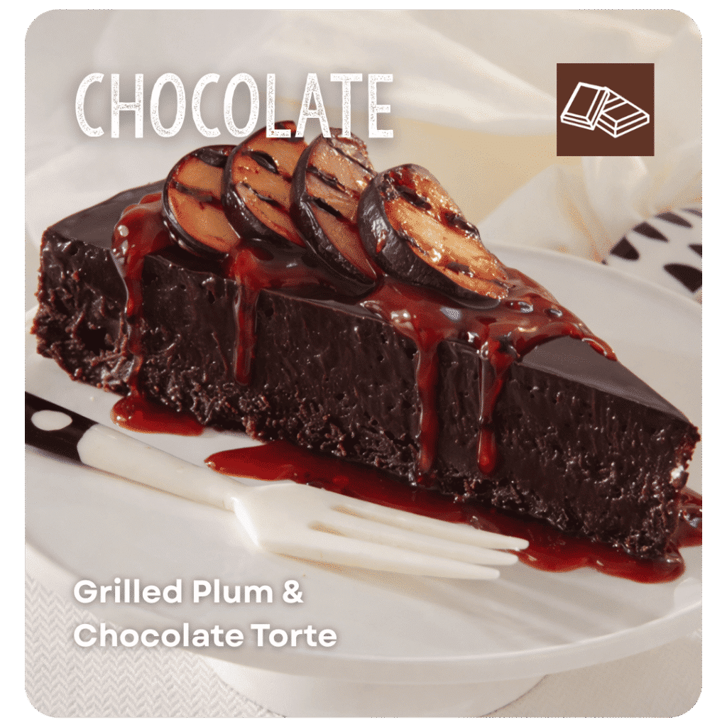 Chocolate with grilled plum and chocolate torte for summer dessert garnishes