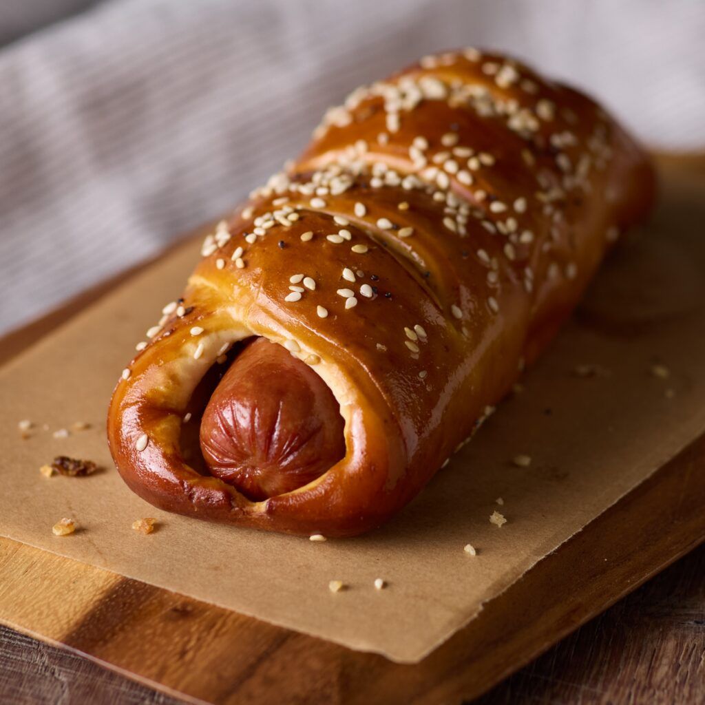Black Angus Hot Dog Pretzel on wooden board