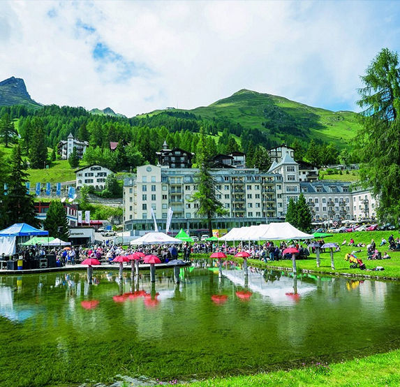 Davos Platz with alpine hotels and mountains