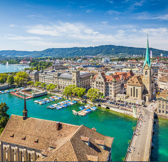 Zurich city view with Limmat River and historic old town