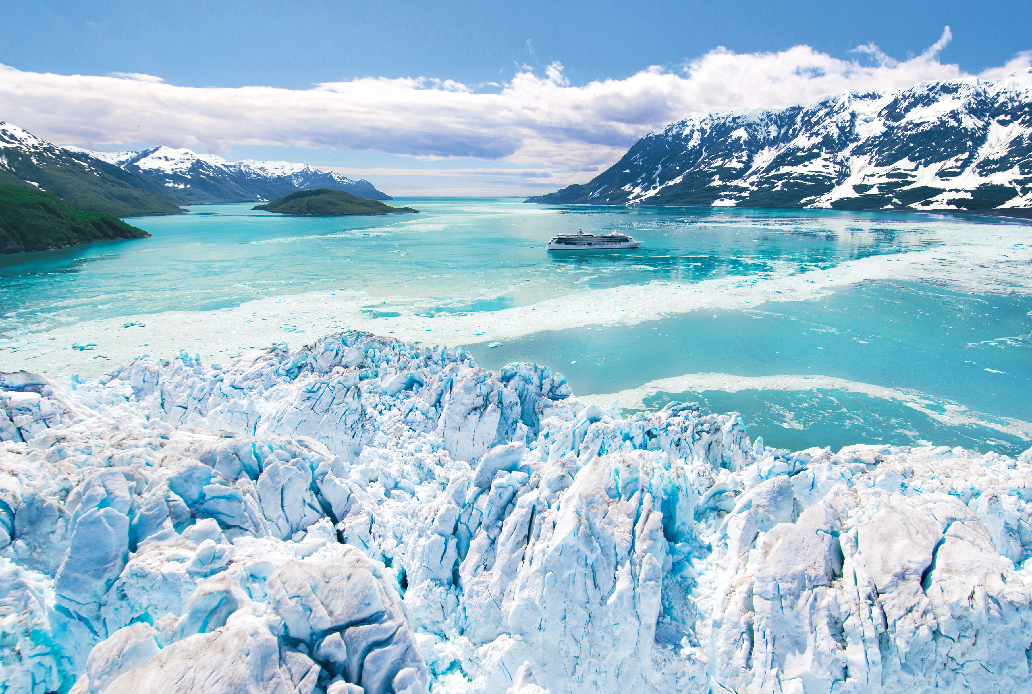 Alaska cruise destination with Hubbard Glacier, blue ice, mountain scenery, and cruise ship in the distance