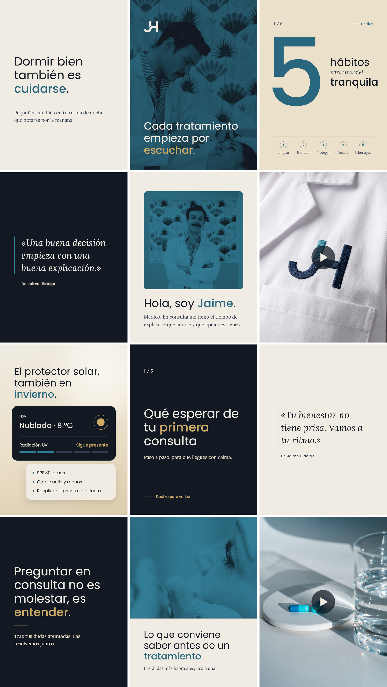 Cuadrícula de doce publicaciones de Instagram del Dr. Jaime Hidalgo con la nueva identidad de marca