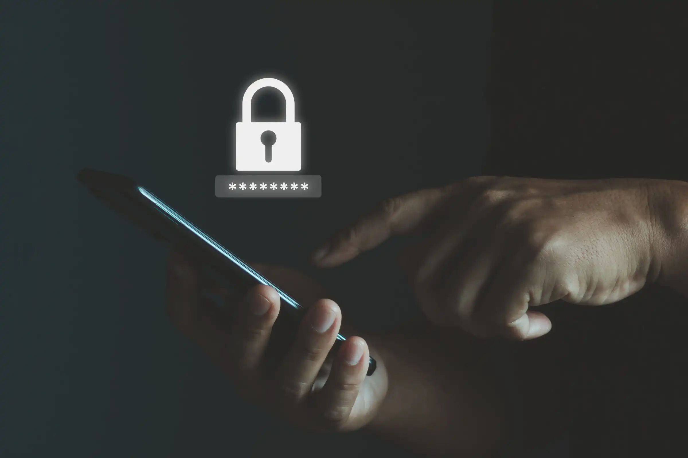 Man holding phone with password security lock icon