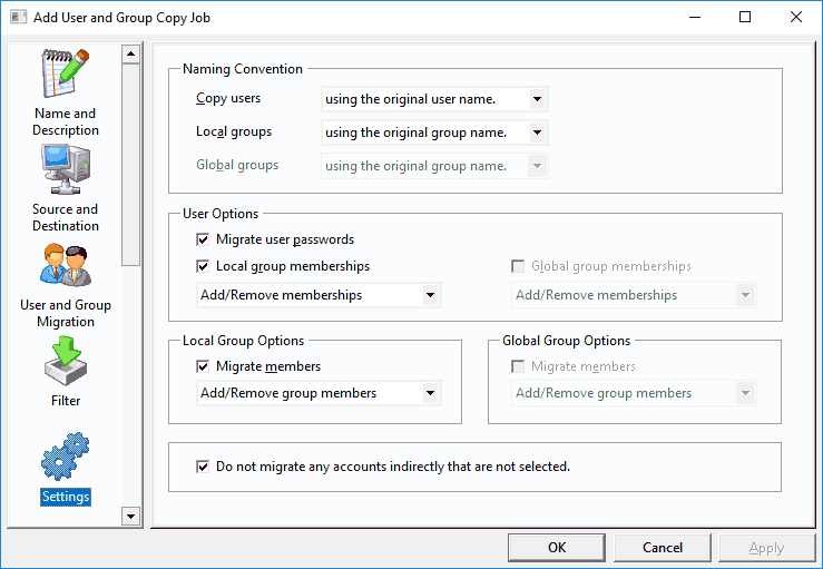 User and Group Migration - Settings