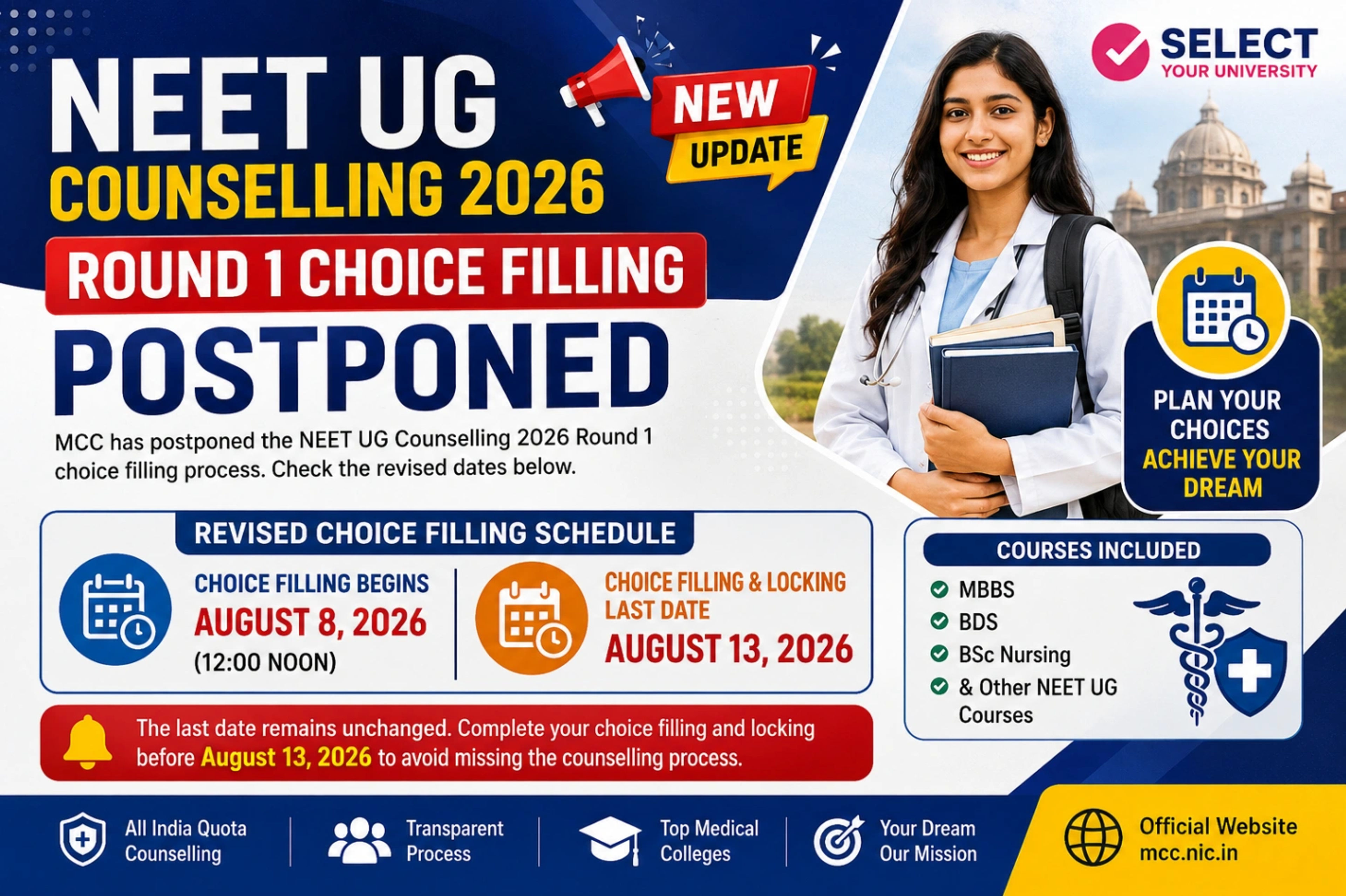 NEET UG Counselling 2026 Round 1 Choice Filling Postponed