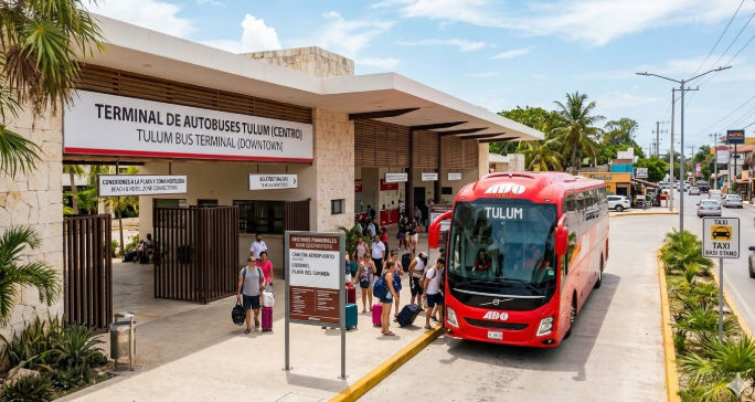 A white ADO bus, the official first-class transport from Cancun to Tulum, Mexico, providing reliable and comfortable transfers.