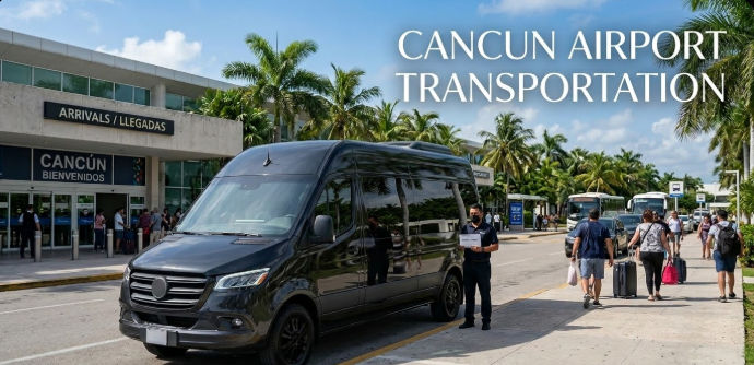 Cancun Airport Transportation - Private black passenger van waiting at the arrivals terminal
