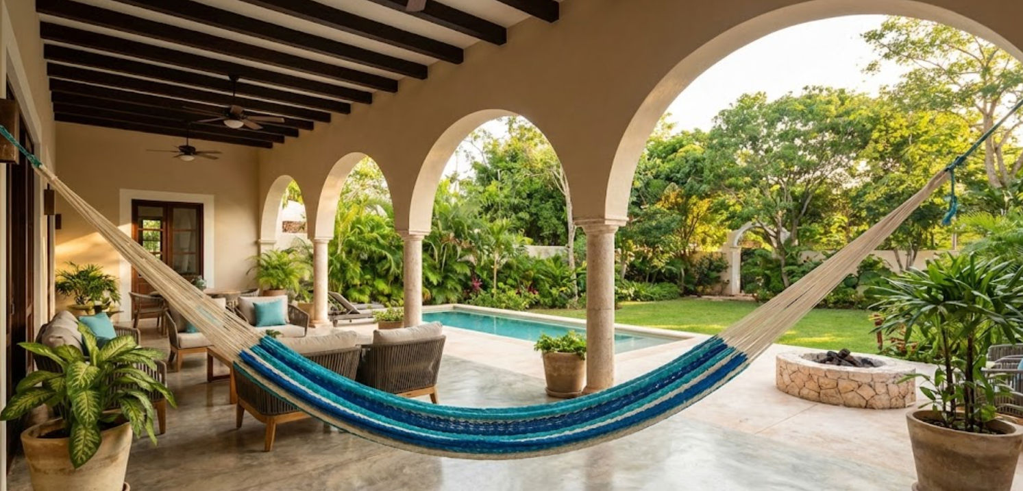 Casas de lujo en Mérida con espacios para Hamacas - Itzimna Real Estate Hamaca yucateca tradicional colgada en terraza de casa de lujo con piscina en Mérida, Yucatán, estilo de vida relajado