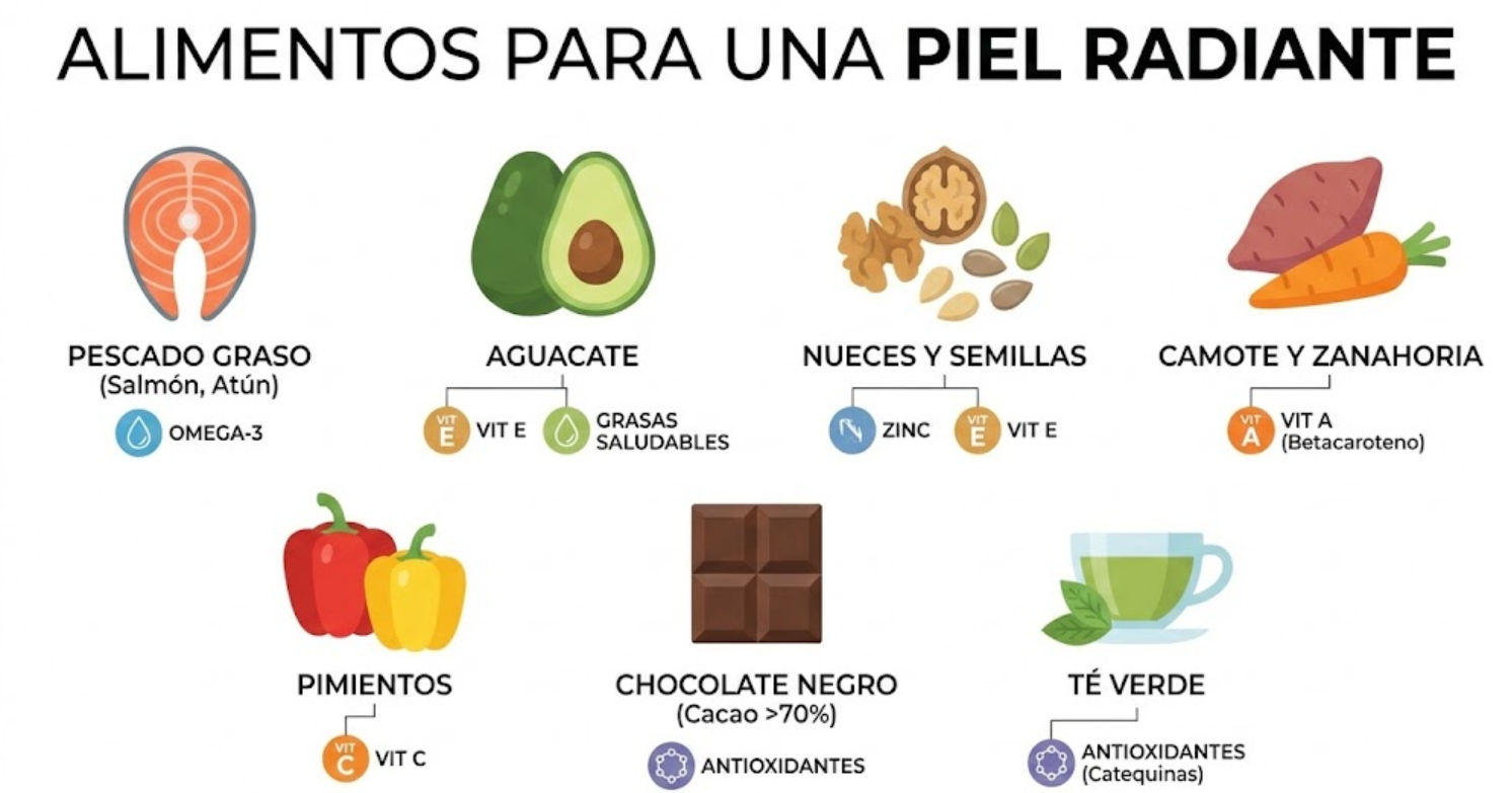 7 alimentos para una piel radiante y spa en Mérida - Infografía con salmón, aguacate y nueces junto a elementos de relajación en Ella Skin & Spa Wellness