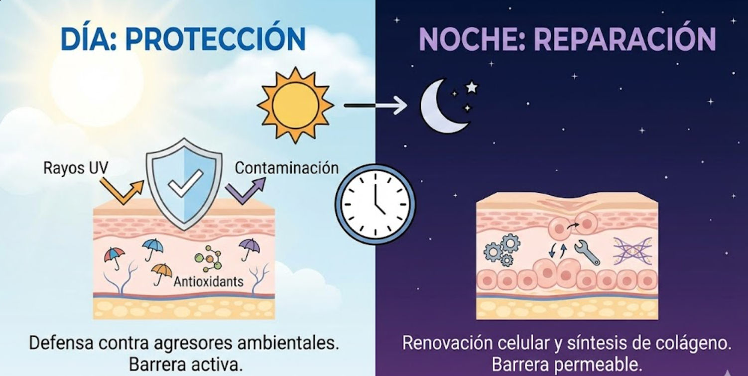 Infografía Ciclo Circadiano de la Piel: Comparativa Día de Protección vs Noche de Regeneración Celular Beauty Sleep