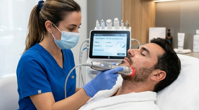 Hombre recibiendo tratamiento facial con aparatología estética en el mejor spa para hombres en Mérida