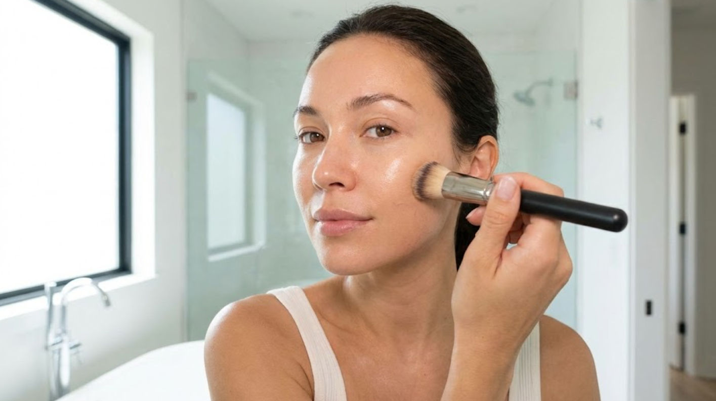 Base de Maquillaje Híbrida Farmasi - Venta y Diagnóstico de Piel en Ella Skin & Spa Wellness Mujer con piel radiante aplicando base de maquillaje híbrido Farmasi recomendada por Elizabeth Aldecoa en Ella Skin & Spa Mérida