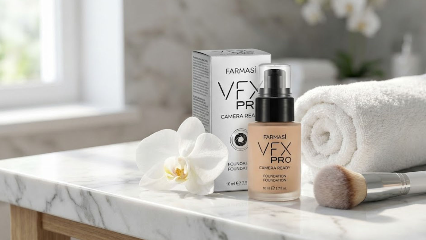 Bodegón Base Farmasi VFX Pro Camera Ready con elementos de spa sobre mármol en Ella Skin and Spa Wellness Mérida