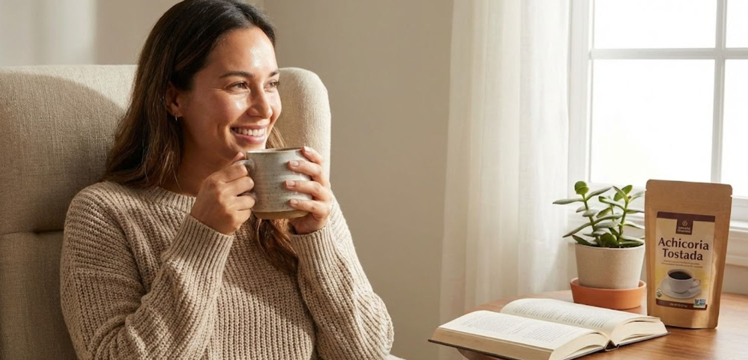 Café rejuvenecedor con colágeno y achicoria - Ella Skin & Spa Wellness Mérida Taza de café con colágeno y achicoria para una piel radiante, servido en el entorno relajado de Ella Skin & Spa Wellness en Mérida.