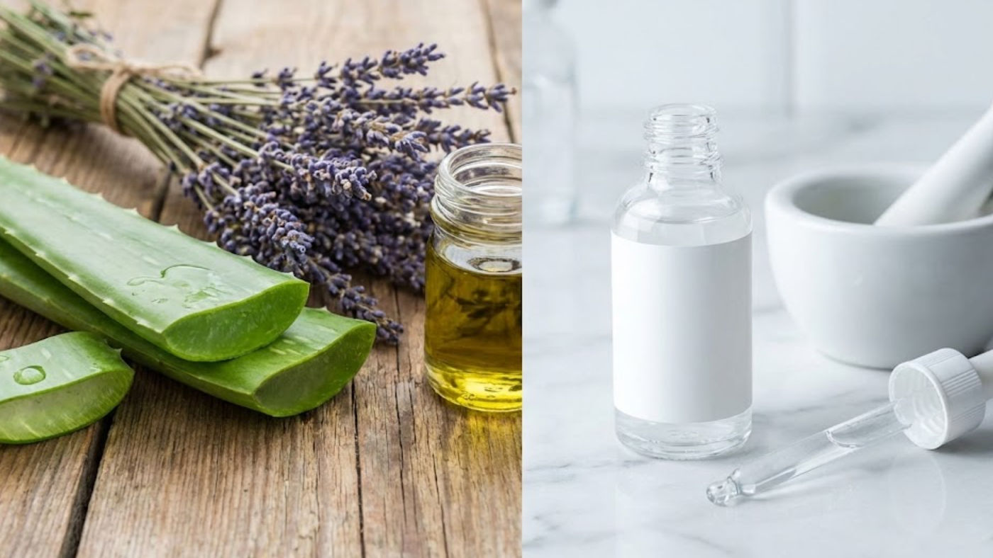 Comparativa visual: Ingredientes de cosmética natural (Aloe Vera) vs productos de cosmética médica (Suero Clínico) - Diferencias y beneficios para el cuidado de la piel en Ella Skin & Spa Mérida