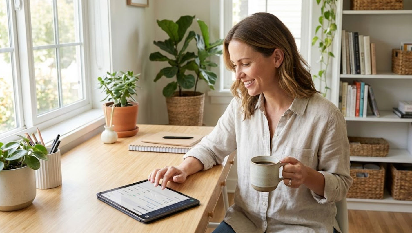 Mamá emprendedora gestionando negocio de belleza y spa desde casa con organización en Mérida - Ella Skin & Spa Wellness