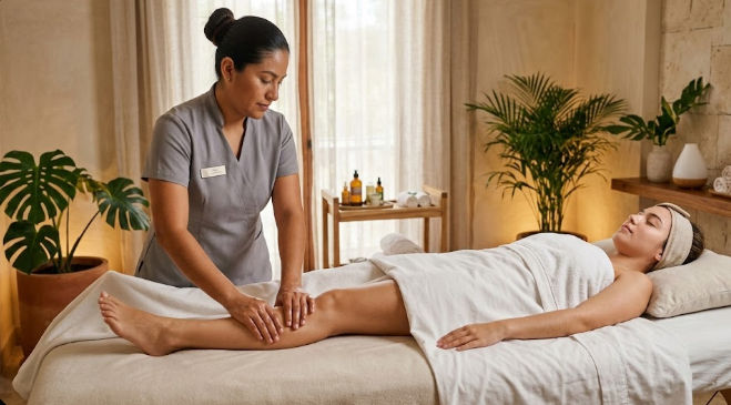 Sesión de masaje linfático profesional para mujer en spa de Mérida, Yucatán. Técnica manual de drenaje linfático para retención de líquidos y postquirúrgico.