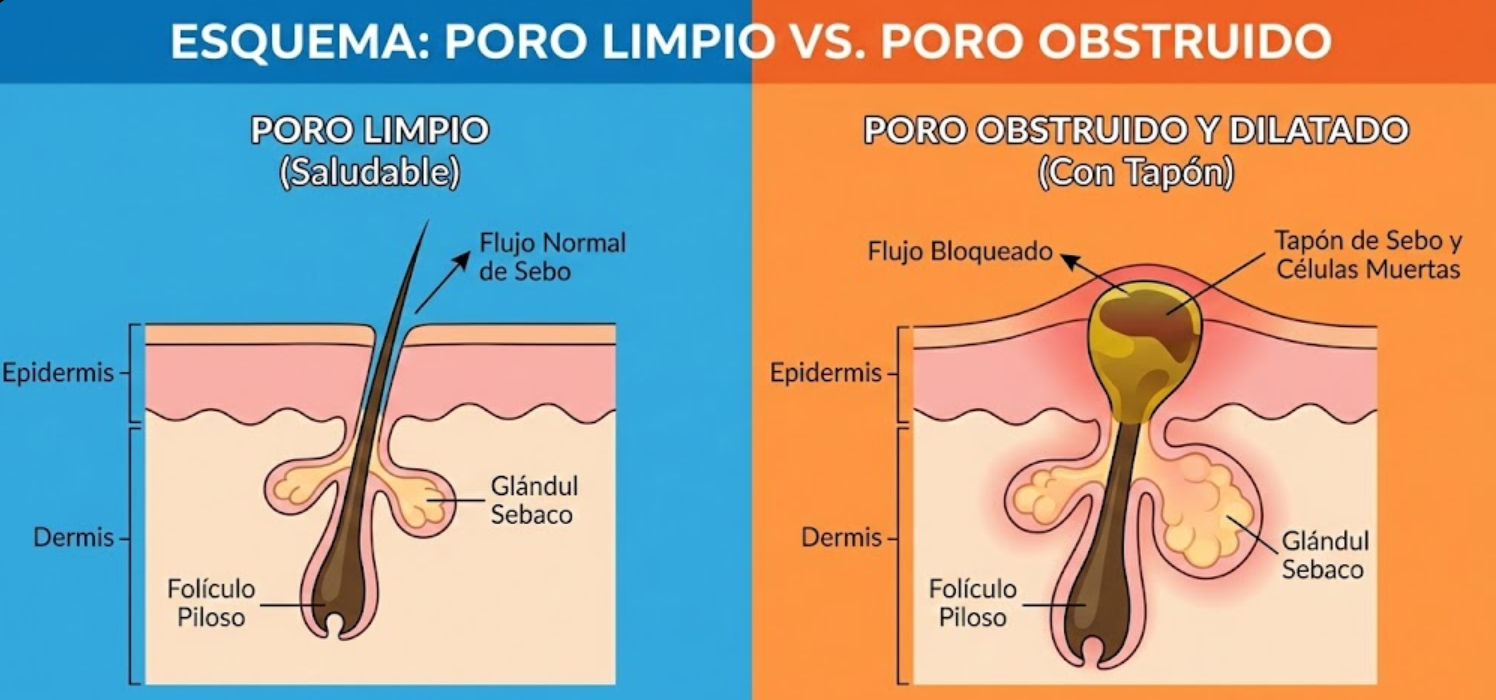 Esquema comparativo: Poro limpio vs Poro dilatado y obstruido por sebo. Causas de la textura irregular en la piel y tratamientos estéticos en Mérida.
