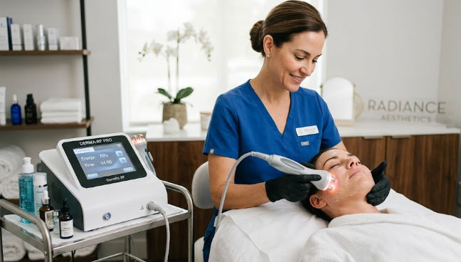 Profesional aplicando tratamiento de radiofrecuencia facial en Mérida en Ella Skin y Spa Wellness