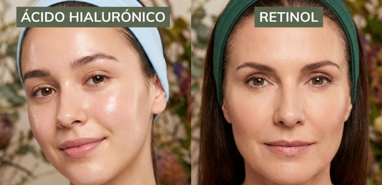 Comparación visual Retinol vs Ácido Hialurónico: Efectos en piel hidratada y firme para tratamientos faciales en Ella Skin & Spa Mérida