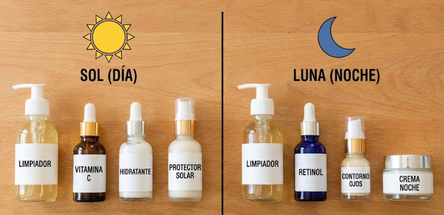 Guía visual completa: Diferencias y pasos clave entre tu rutina de belleza AM vs PM para una piel radiante. Infografía del orden correcto de aplicación de productos de skincare para la rutina facial de día (AM) y noche (PM), comparativa de pasos esenciales para el cuidado de la piel en Ella Skin & Spa Wellness Mérida.