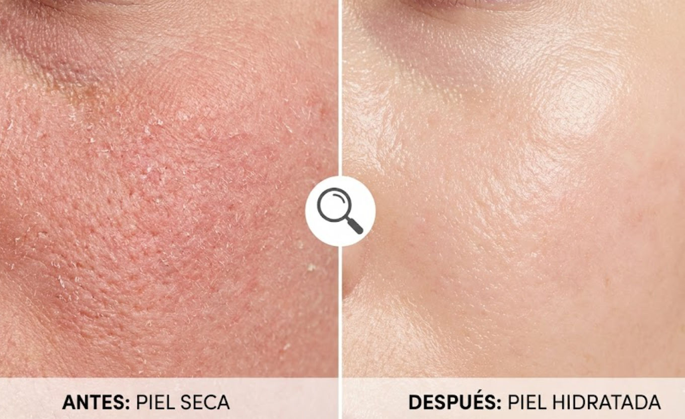 Resultados reales: Transformación de piel seca a hidratada en Ella Skin & Spa Mérida Macro comparativo de piel seca con enrojecimiento y descamación versus piel hidratada y luminosa después de tratamiento facial de invierno.