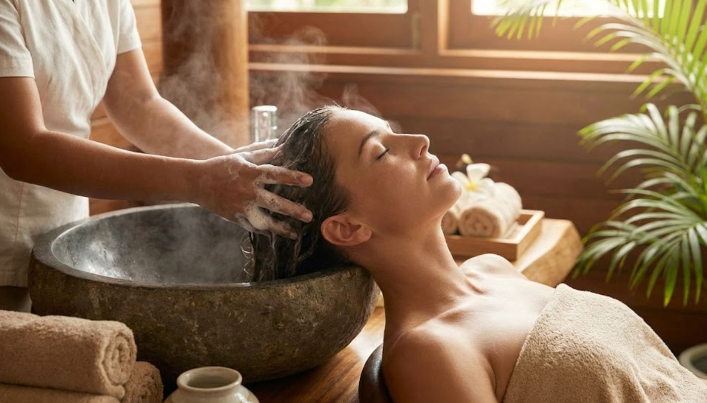 Botella del Champú de Ajo y Capixyl de Ella Skin & Spa Wellness, rodeada de ingredientes naturales como ajo y trébol rojo, junto a cabello sano, diseñado para detener la caída y fortalecer el folículo en Mérida.