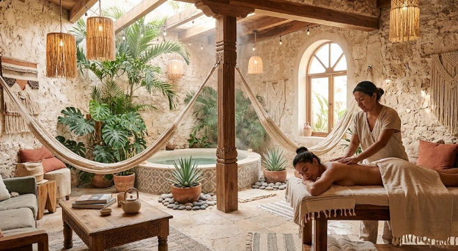 Sesión de masaje relajante en un boho spa Mérida con decoración rústica y holística
