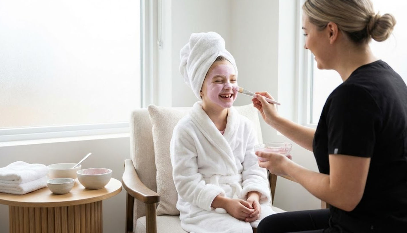 Niña con mascarilla facial disfrutando del mejor spa para niñas en Mérida Yucatán - Ella Skin & Spa Wellness