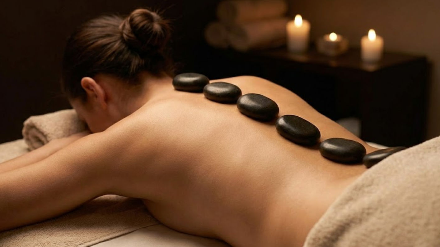 Terapia de masaje con piedras calientes en espalda para alivio del dolor y relajación profunda en Mérida