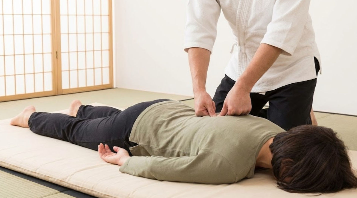 Técnica de masaje Shiatsu japonés aplicando presión en la espalda para aliviar estrés y dolor muscular