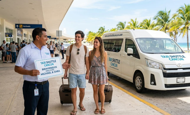 Taxi Shuttle Cancun driver welcoming tourists at Cancun Airport for local attractions