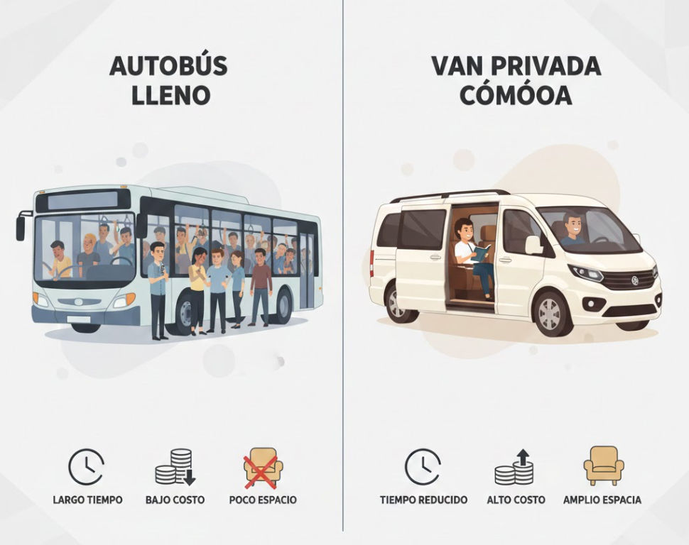 A clean visual infographic comparison showing a crowded public bus versus a comfortable and spacious private van for Taxi Shuttle services.