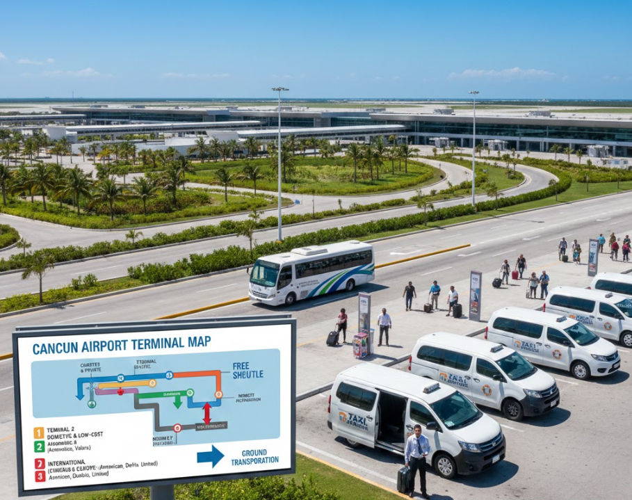 Guía visual de las terminales del Aeropuerto de Cancún para transporte y taxis Mapa de terminales del Aeropuerto de Cancún - Conexiones y traslados