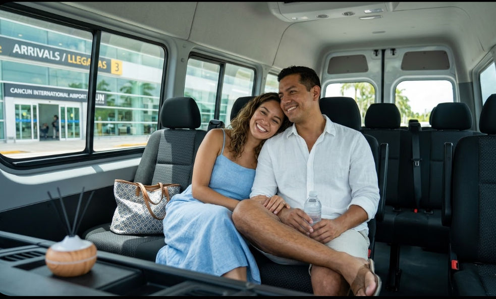Interior view of a private air-conditioned Taxi Shuttle Cancun van at Cancun International Airport, with a happy couple looking out at the arrivals terminal.