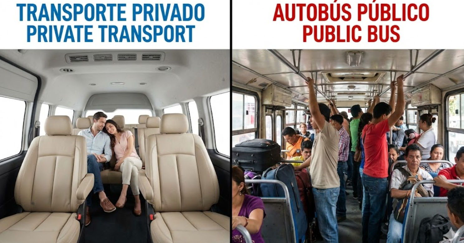 Key differences between traveling by shared bus and choosing exclusive private transport to Puerto Aventuras. Comfort comparison: Public bus versus private van transfer by Taxi Shuttle Cancun to Puerto Aventuras.