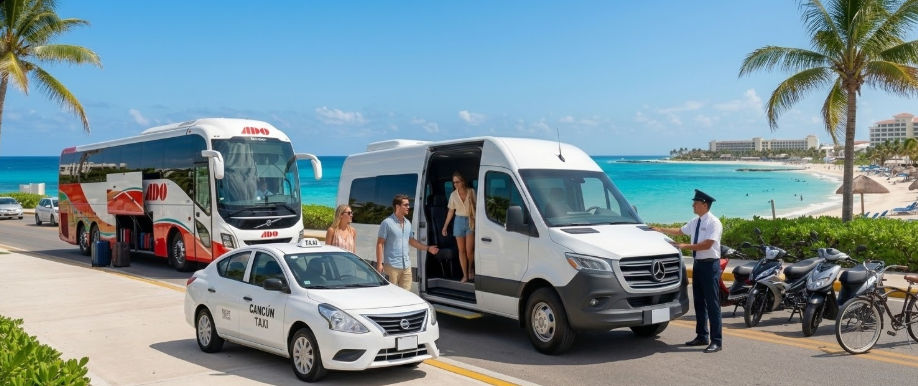 Professional Cancun airport transport options including private vans, ADO buses, and official taxis at the terminal