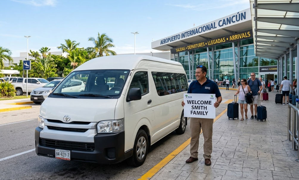 Servicio de transporte privado en el Aeropuerto de Cancún con conductor sosteniendo un cartel de bienvenida y furgoneta blanca moderna en un día soleado.