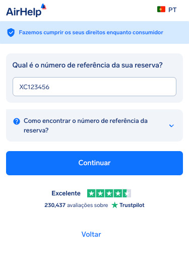 Campo de introdução do código de reserva com um menu suspenso de ajuda para encontrar o código.