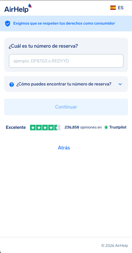 Campo de entrada del número de referencia de reserva con un menú desplegable de ayuda para encontrar el código.