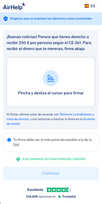 Casilla de firma digital para el contrato de cesión de AirHelp para autorizar la reclamación.