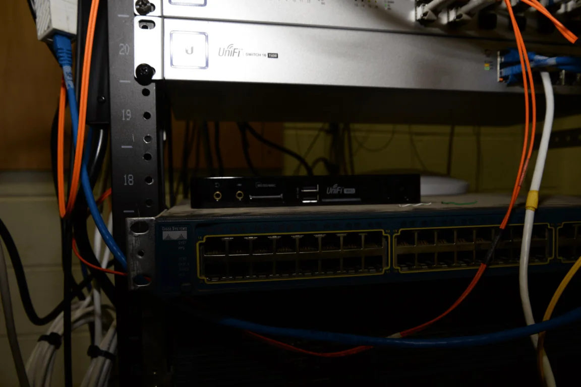 Server racks and networking equipment in a data centre.