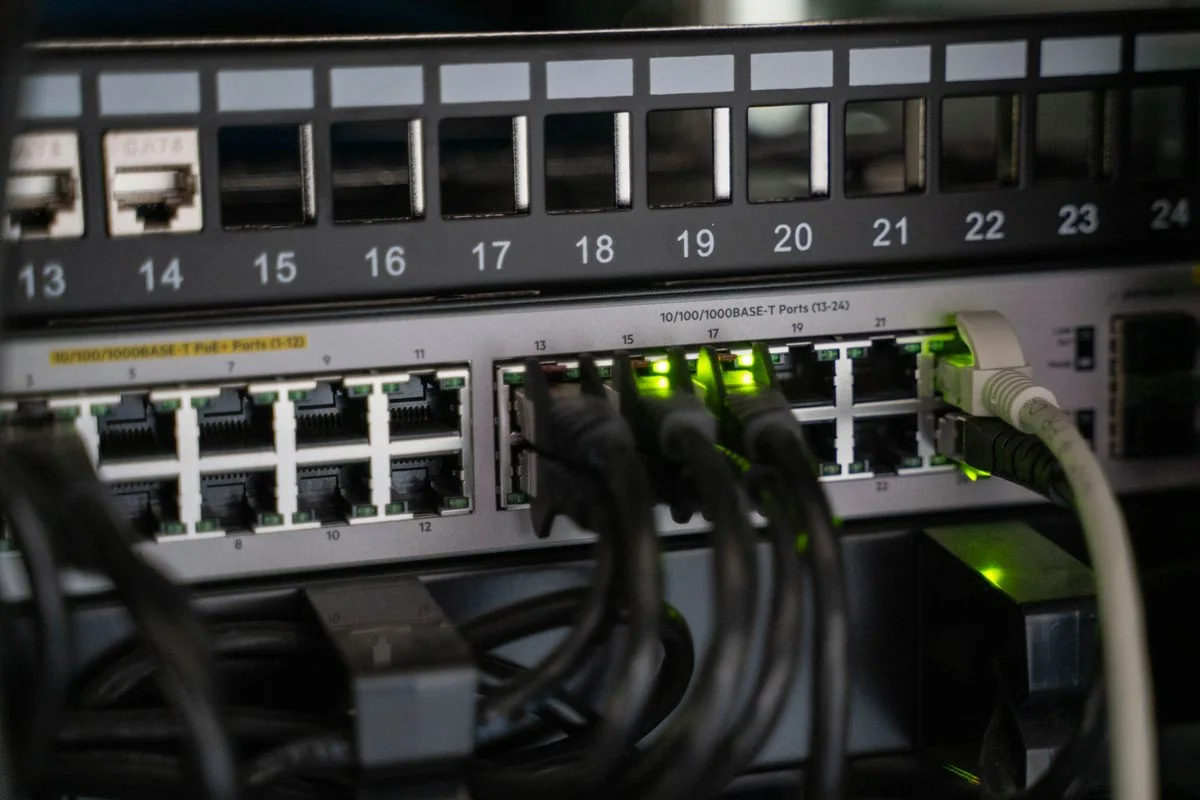 Network cables and equipment in a server installation.