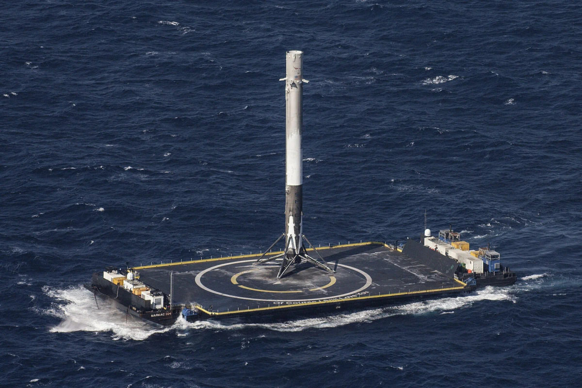 A Falcon 9 first stage on the drone ship Of Course I Still Love You after CRS-8.