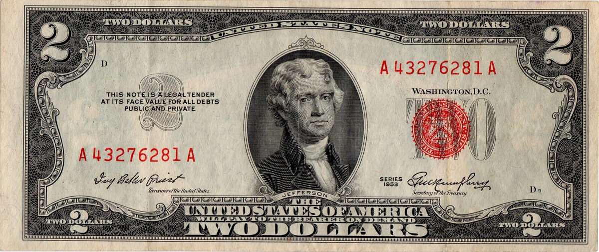 Series 1953 US two-dollar bill obverse.jpg; U.S. dollar currency shown as stablecoin context, not a specific token or issuer.