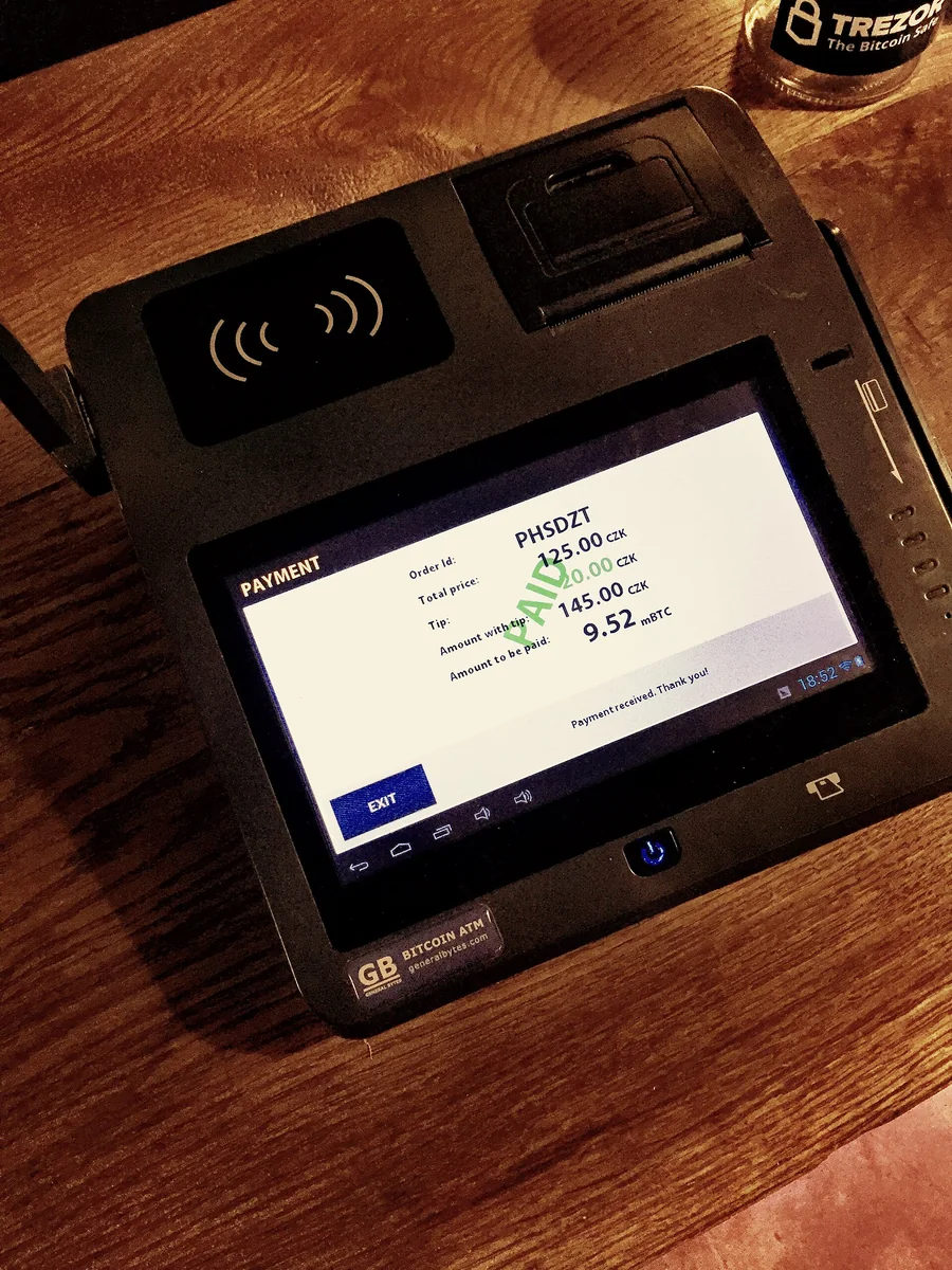 A Bitcoin point-of-sale terminal displaying a completed payment.
