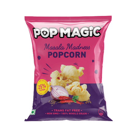 POP MAGIC Masala madness Popcorn. Our best masala madness popcorn with a movie theater style extra buttery flavor.