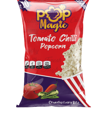 POP MAGIC Xtra Tomato chilli Popcorn. An extra Tomato chilli made with the trans-fat free Smart Balance oil blend.